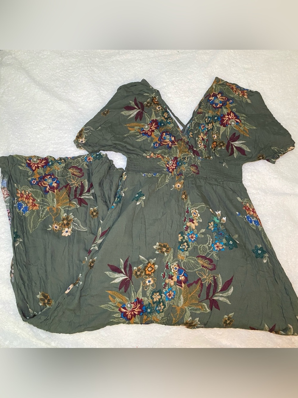 Floral V-Neck Maxi Dress in Olive Green